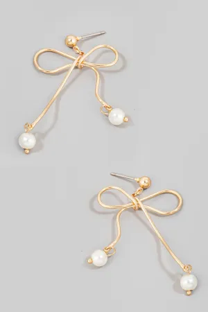 Pearl Charms Metallic Wire Ribbon Bow Earrings