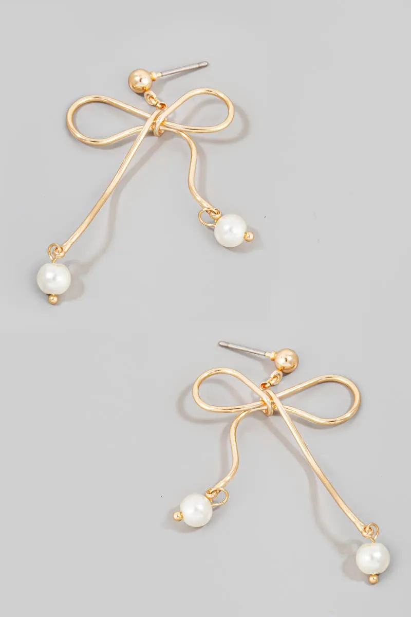 Pearl Charms Metallic Wire Ribbon Bow Earrings