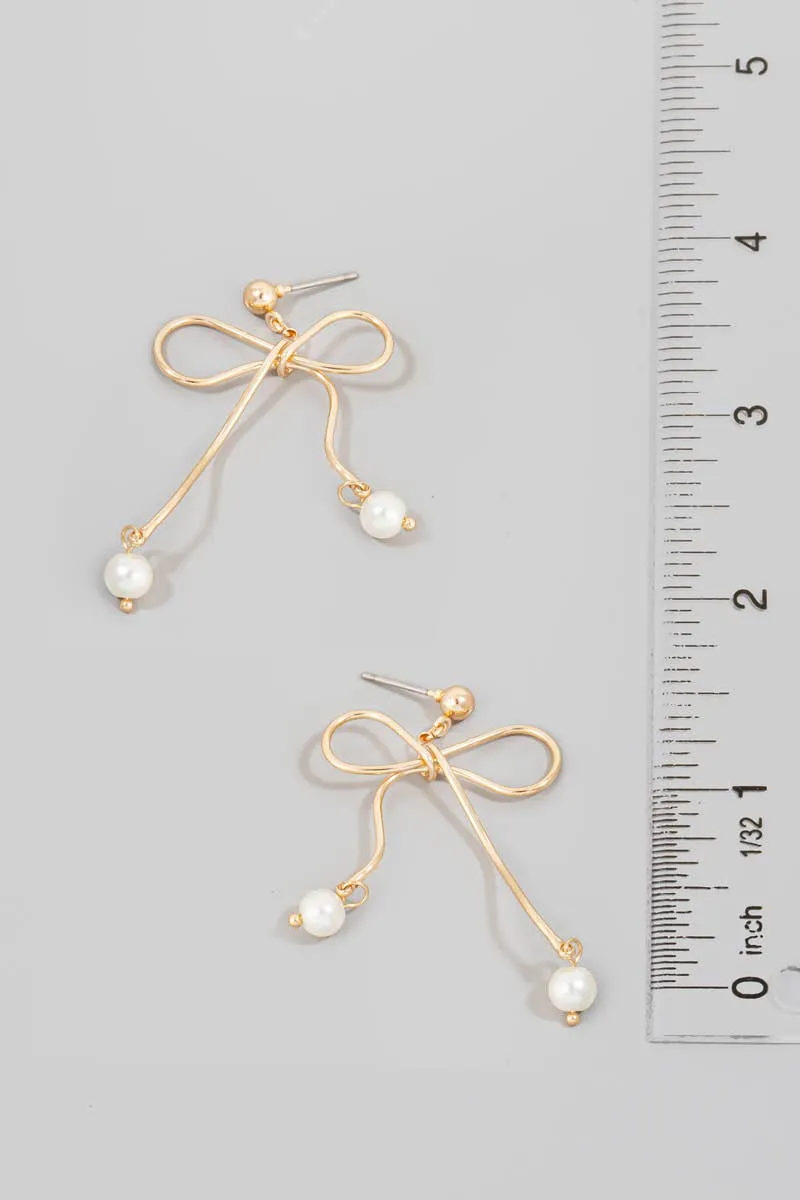 Pearl Charms Metallic Wire Ribbon Bow Earrings