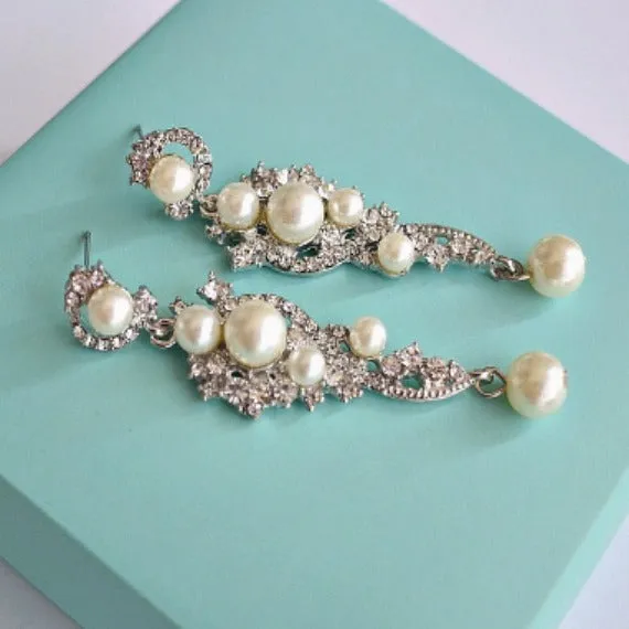Pearl Drop Chandelier Earrings. Long Pearl Wedding Earrings. Rhinestone Dangle Earrings. Pearl Bridal Earrings. Vintage Style Pearl Earrings