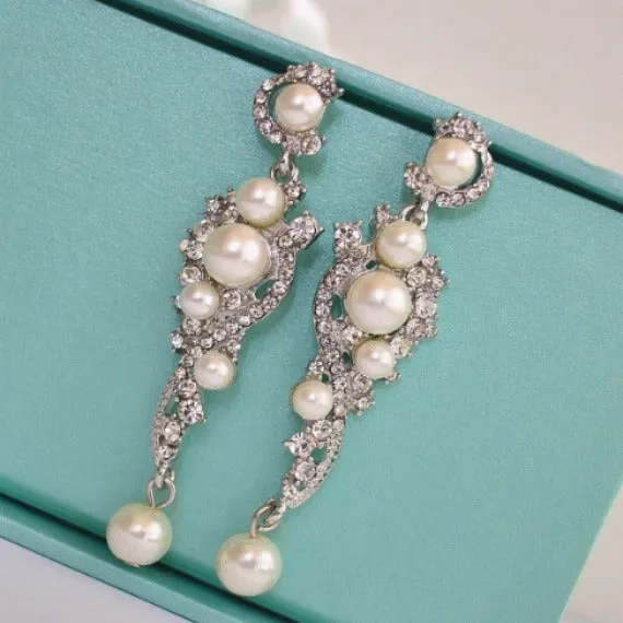 Pearl Drop Chandelier Earrings. Long Pearl Wedding Earrings. Rhinestone Dangle Earrings. Pearl Bridal Earrings. Vintage Style Pearl Earrings