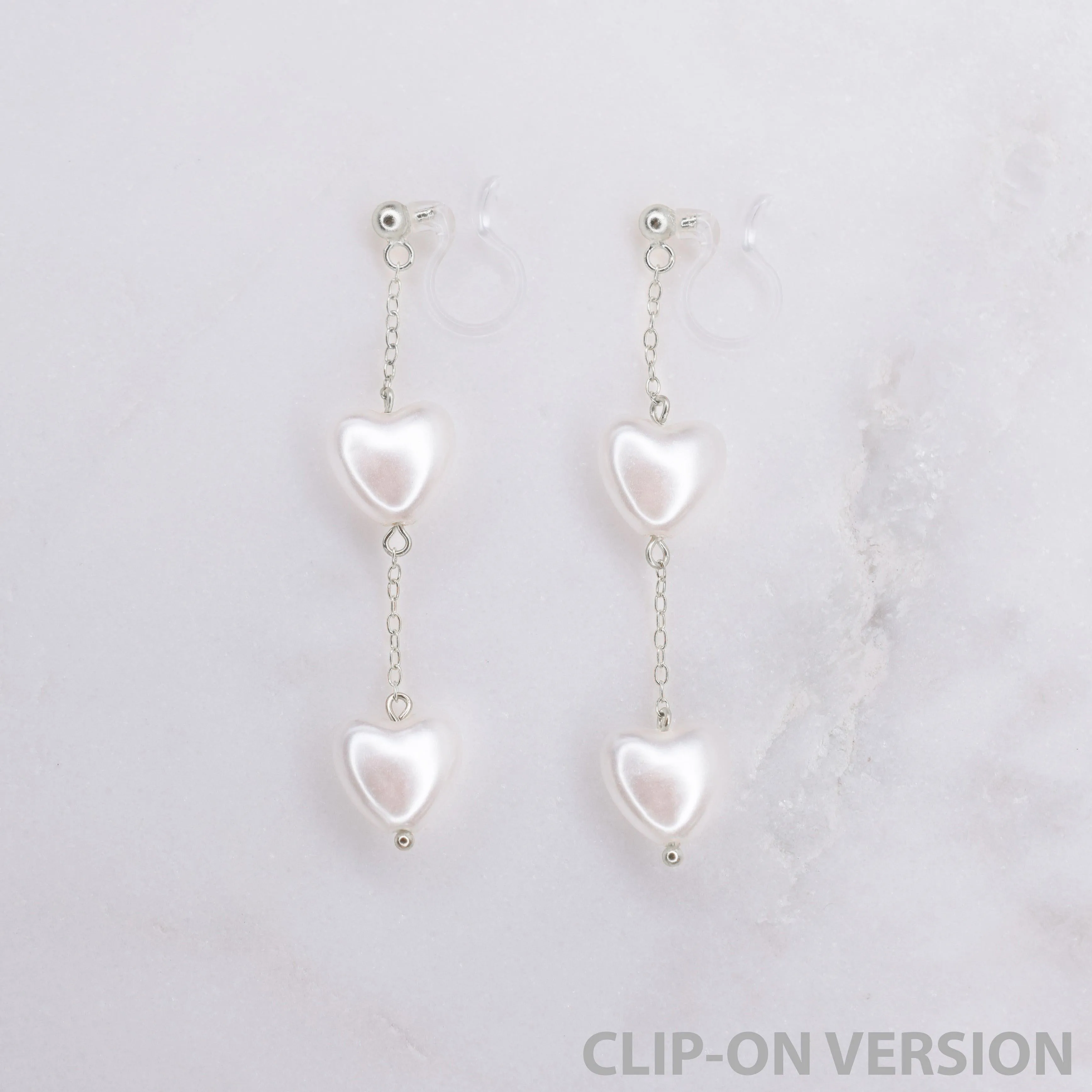 PEARL HEART DANGLE CLIP-ON EARRINGS IN SILVER