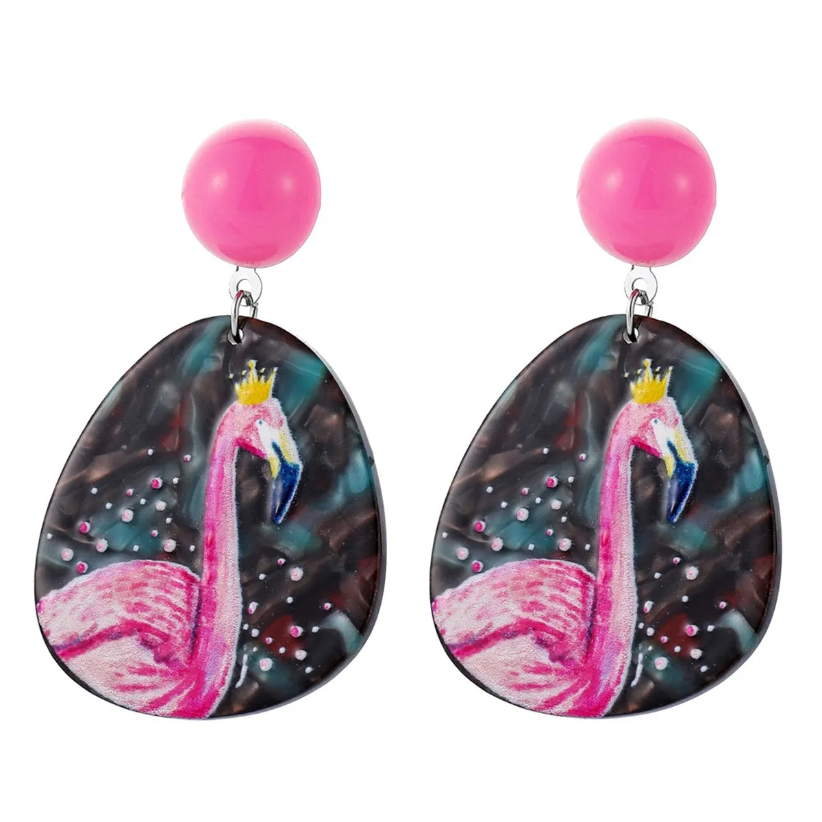 Pink & Black Flamingo Oval Drop Earrings