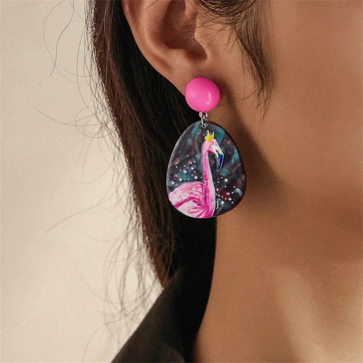Pink & Black Flamingo Oval Drop Earrings