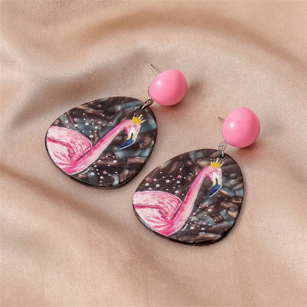Pink & Black Flamingo Oval Drop Earrings