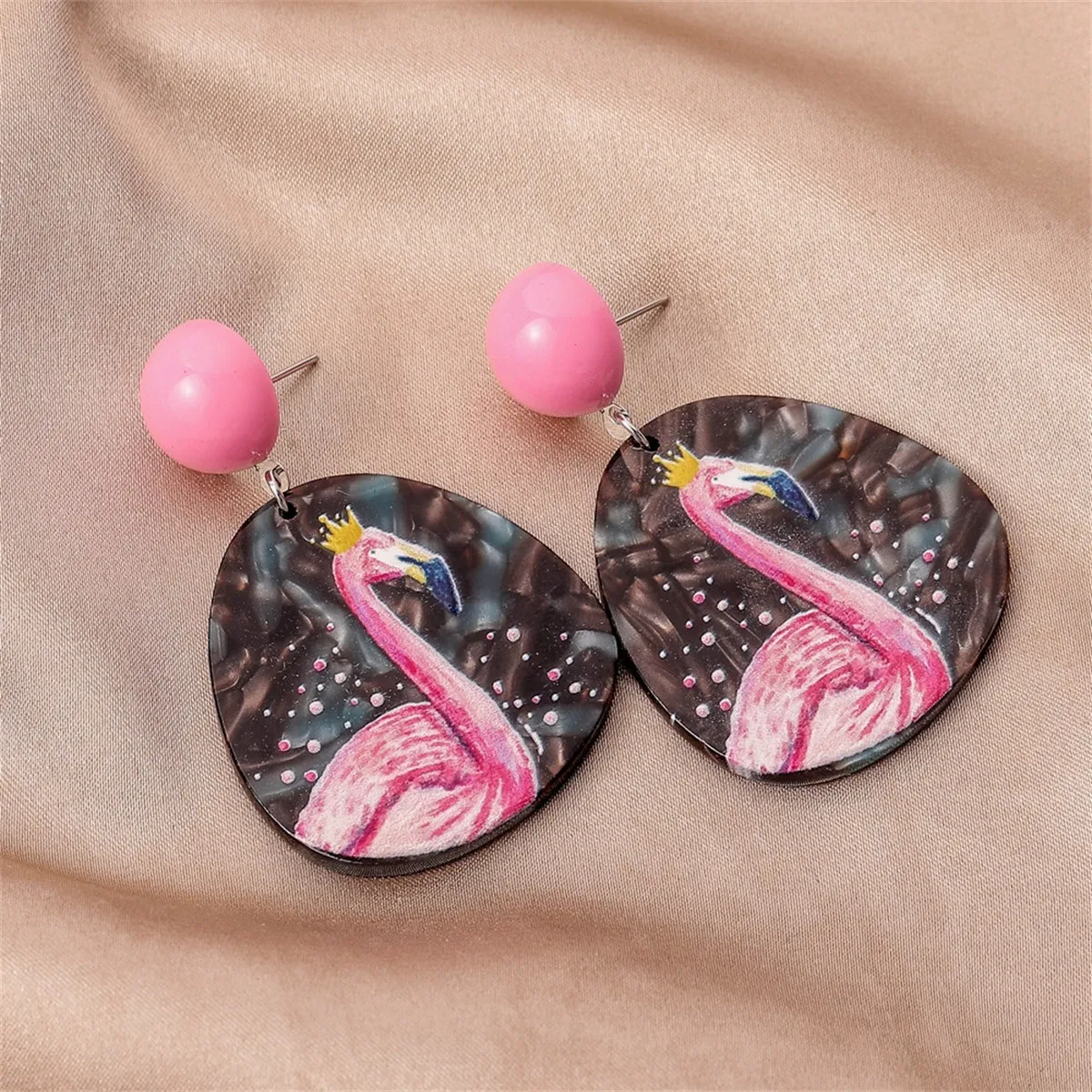 Pink & Black Flamingo Oval Drop Earrings