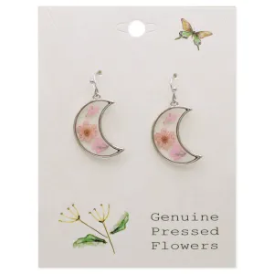Pink Dried Flower Silver Moon Earrings