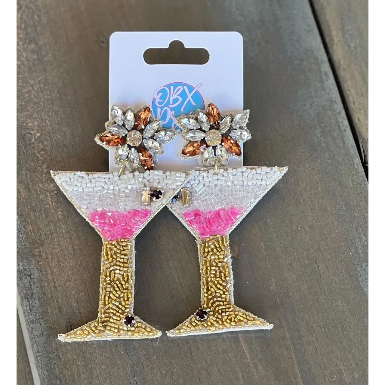 Pink Martini Gold Stems Seed Beaded Drop Earrings