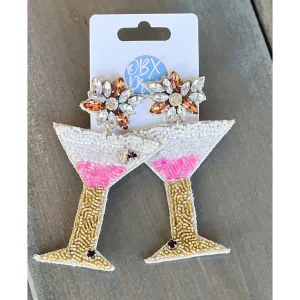 Pink Martini Gold Stems Seed Beaded Drop Earrings