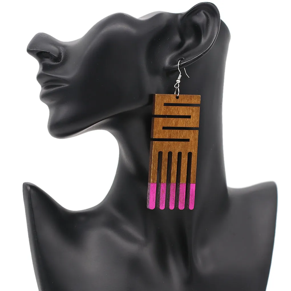 Pink Maze Geometric Wooden Earrings