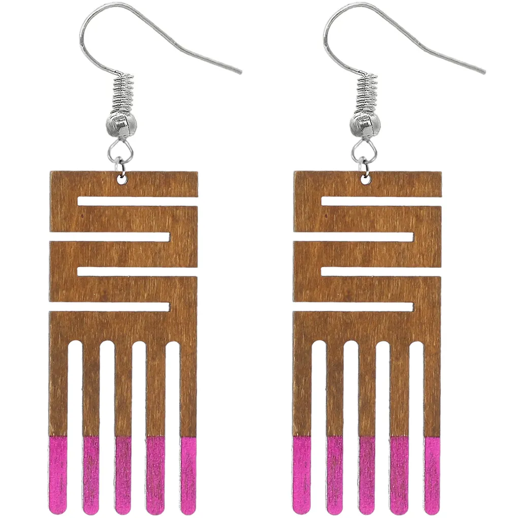 Pink Maze Geometric Wooden Earrings