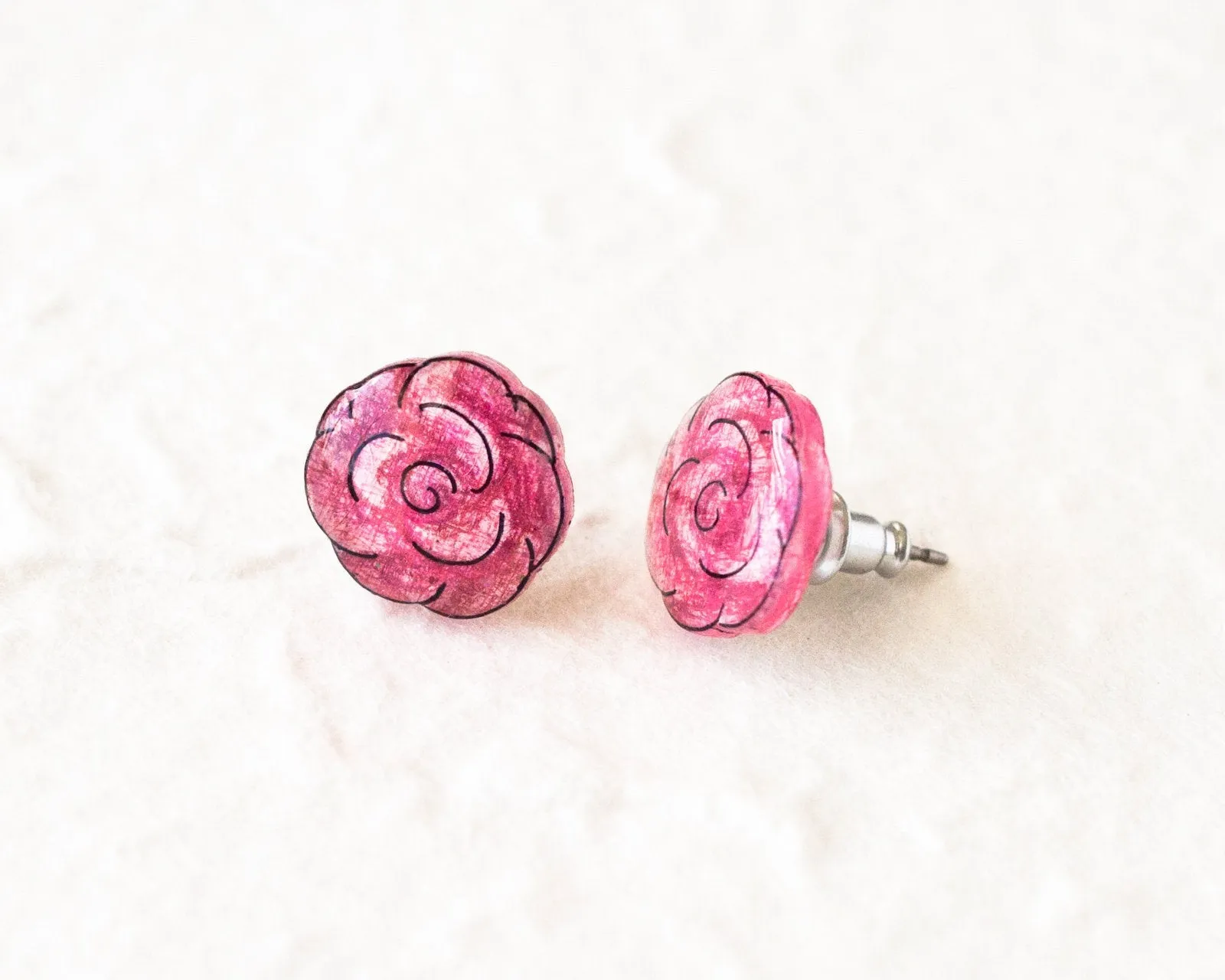 Pink Rose Flower Stud Earrings