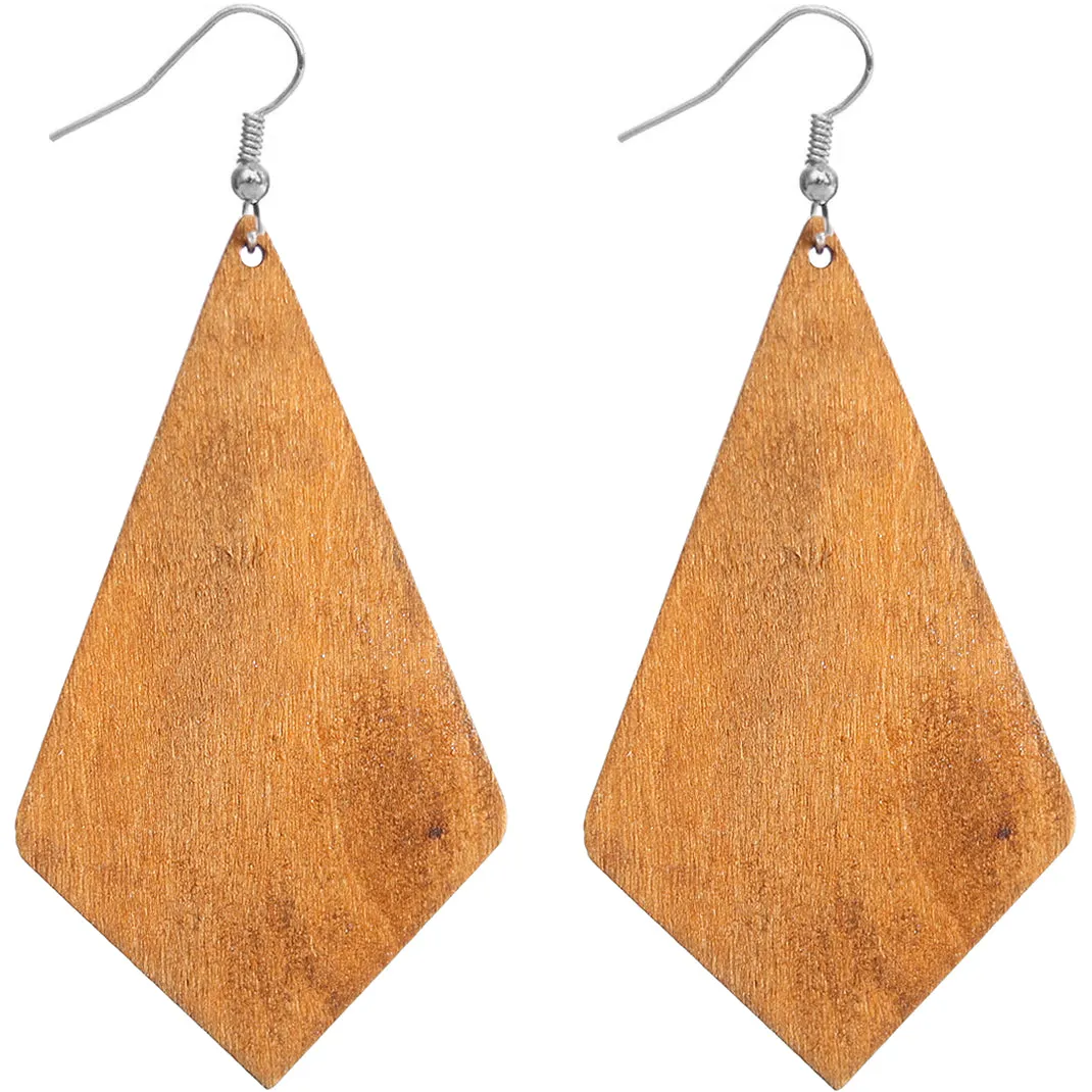 Pink Wooden Geometric Pentagon Dangle Earrings