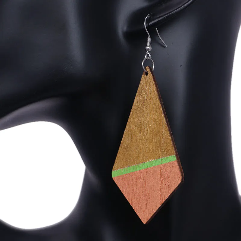 Pink Wooden Geometric Pentagon Dangle Earrings