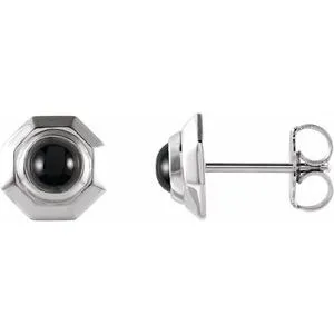 Platinum Natural Black Onyx Geometric Cabochon Earrings