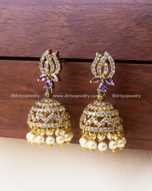 Premium CZ Jhumka Earrings with Purple Center Stone