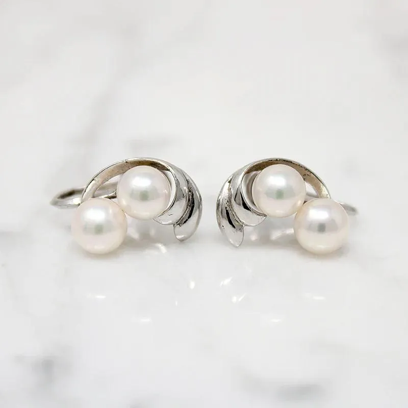 Pretty Mid Century Mikimoto Pearl & Sterling Earrings