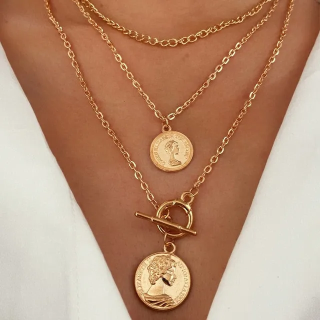 Punk Gold Portrait Coin Pendant Necklace For Women Cuban Multilayered Chunky Thick Chain Choker Necklaces Gothtic Jewelry