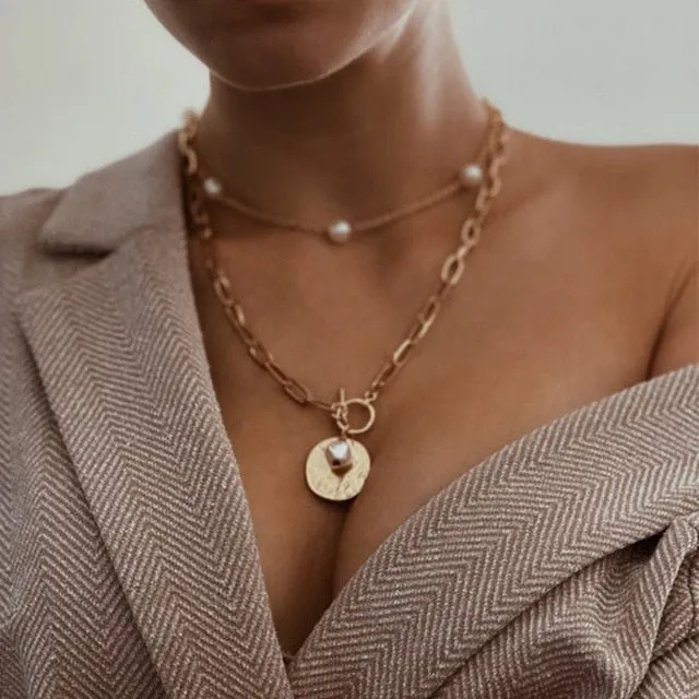 Punk Gold Portrait Coin Pendant Necklace For Women Cuban Multilayered Chunky Thick Chain Choker Necklaces Gothtic Jewelry
