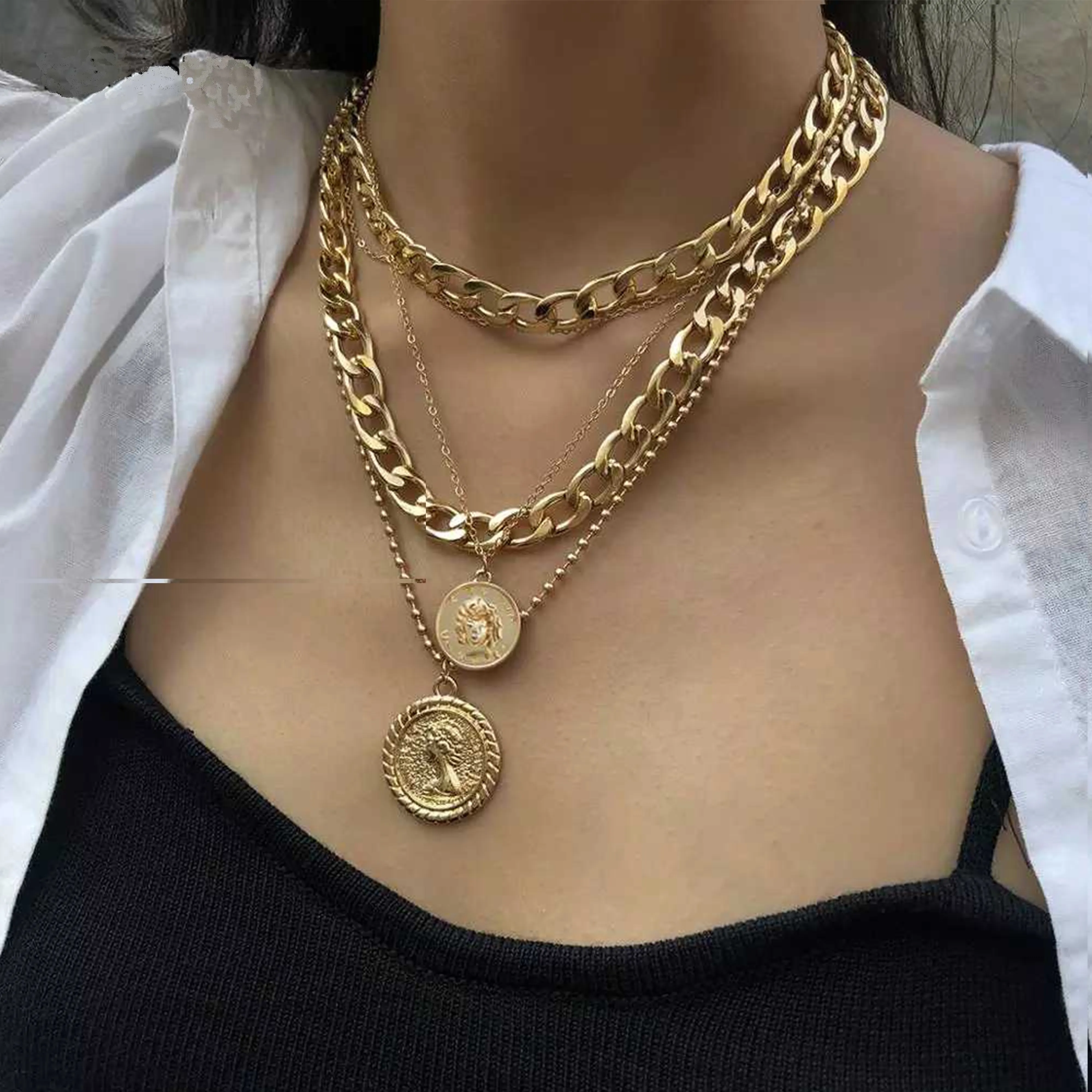 Punk Gold Portrait Coin Pendant Necklace For Women Cuban Multilayered Chunky Thick Chain Choker Necklaces Gothtic Jewelry