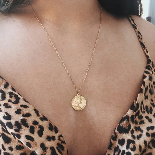 Punk Gold Portrait Coin Pendant Necklace For Women Cuban Multilayered Chunky Thick Chain Choker Necklaces Gothtic Jewelry
