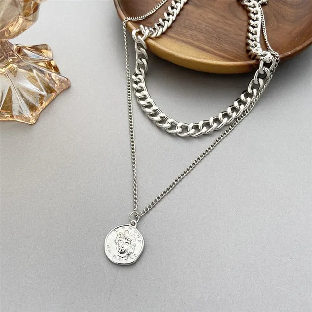 Punk Gold Portrait Coin Pendant Necklace For Women Cuban Multilayered Chunky Thick Chain Choker Necklaces Gothtic Jewelry