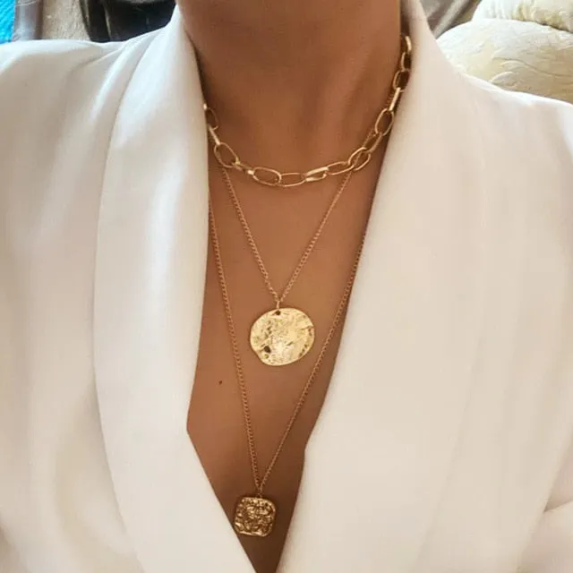 Punk Gold Portrait Coin Pendant Necklace For Women Cuban Multilayered Chunky Thick Chain Choker Necklaces Gothtic Jewelry