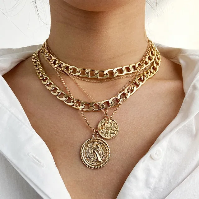 Punk Gold Portrait Coin Pendant Necklace For Women Cuban Multilayered Chunky Thick Chain Choker Necklaces Gothtic Jewelry