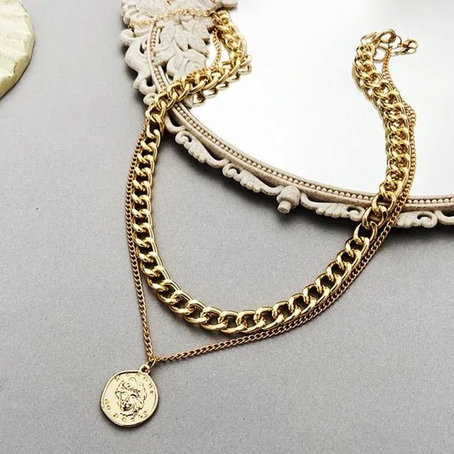 Punk Gold Portrait Coin Pendant Necklace For Women Cuban Multilayered Chunky Thick Chain Choker Necklaces Gothtic Jewelry