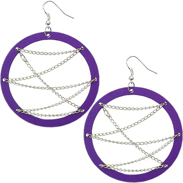 Purple Wooden Zigzag Chain Hoop Earrings