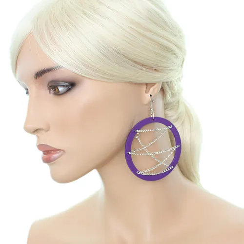 Purple Wooden Zigzag Chain Hoop Earrings