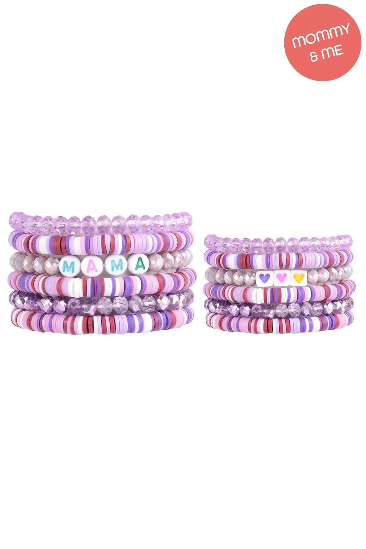 "MAMA" & "ME" FIMO Glass Beads Stackable Stretch Bracelet Set Lavender - Pack of 12