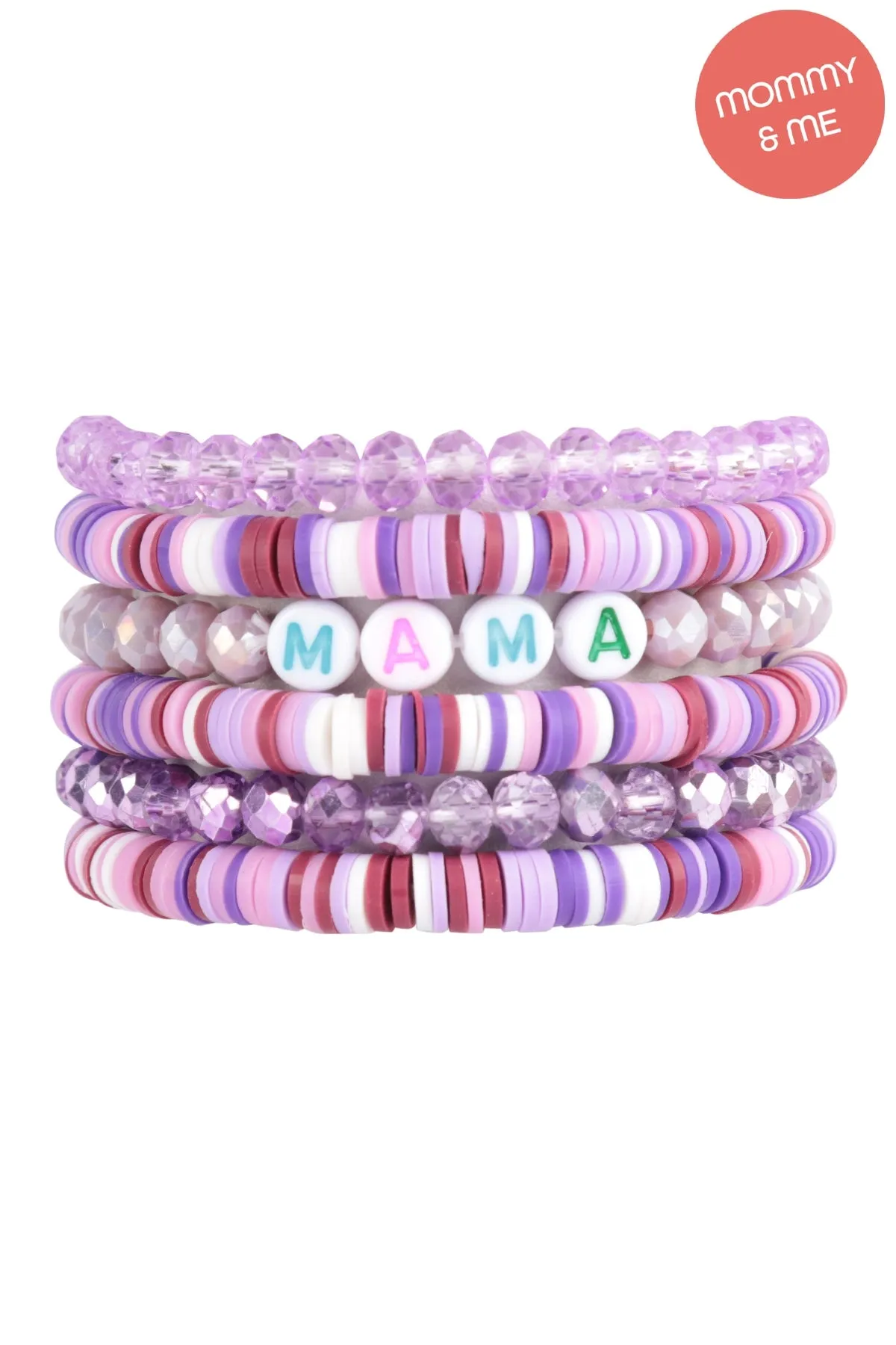 "MAMA" & "ME" FIMO Glass Beads Stackable Stretch Bracelet Set Lavender - Pack of 12