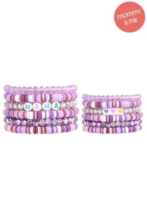 "MAMA" & "ME" FIMO Glass Beads Stackable Stretch Bracelet Set Lavender - Pack of 12