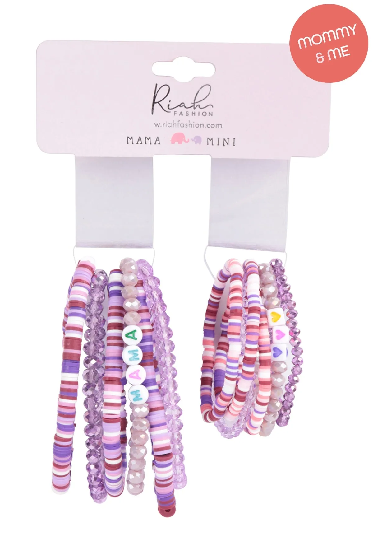 "MAMA" & "ME" FIMO Glass Beads Stackable Stretch Bracelet Set Lavender - Pack of 12