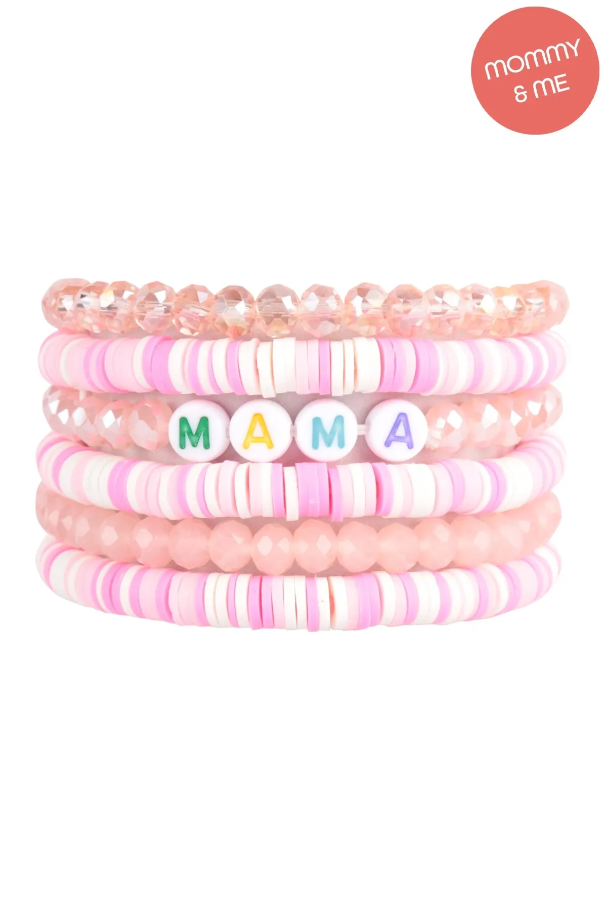 "MAMA" & "ME" FIMO Glass Beads Stackable Stretch Bracelet Set Pink - Pack of 12
