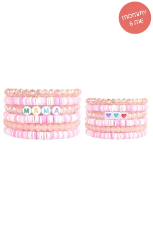 "MAMA" & "ME" FIMO Glass Beads Stackable Stretch Bracelet Set Pink - Pack of 12