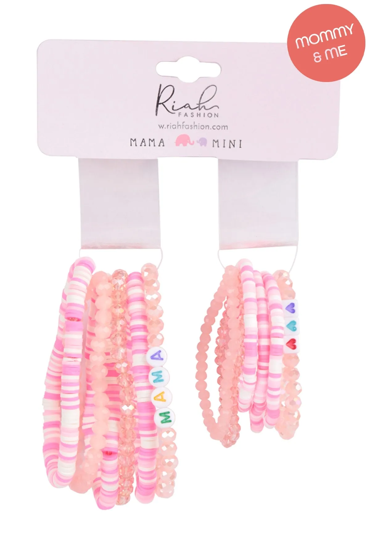 "MAMA" & "ME" FIMO Glass Beads Stackable Stretch Bracelet Set Pink - Pack of 12