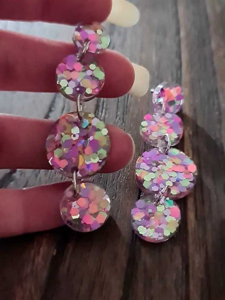 Rainbow Circle Long Dangle Earrings, Statement Earrings, Rainbow Delight Glitter Dangle Stud Earrings