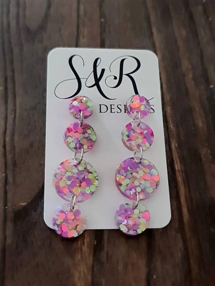Rainbow Circle Long Dangle Earrings, Statement Earrings, Rainbow Delight Glitter Dangle Stud Earrings