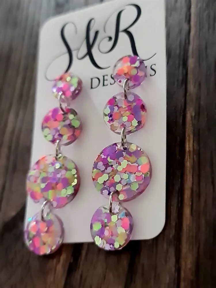 Rainbow Circle Long Dangle Earrings, Statement Earrings, Rainbow Delight Glitter Dangle Stud Earrings