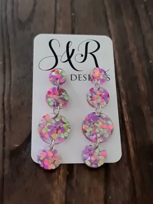 Rainbow Circle Long Dangle Earrings, Statement Earrings, Rainbow Delight Glitter Dangle Stud Earrings