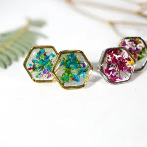 Real Flower confetti Hexagon stud earrings