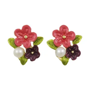 Red and Purple Enamel Flowers with Pearl Pierced Earring - PE106