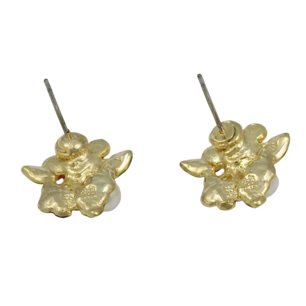 Red and Purple Enamel Flowers with Pearl Pierced Earring - PE106