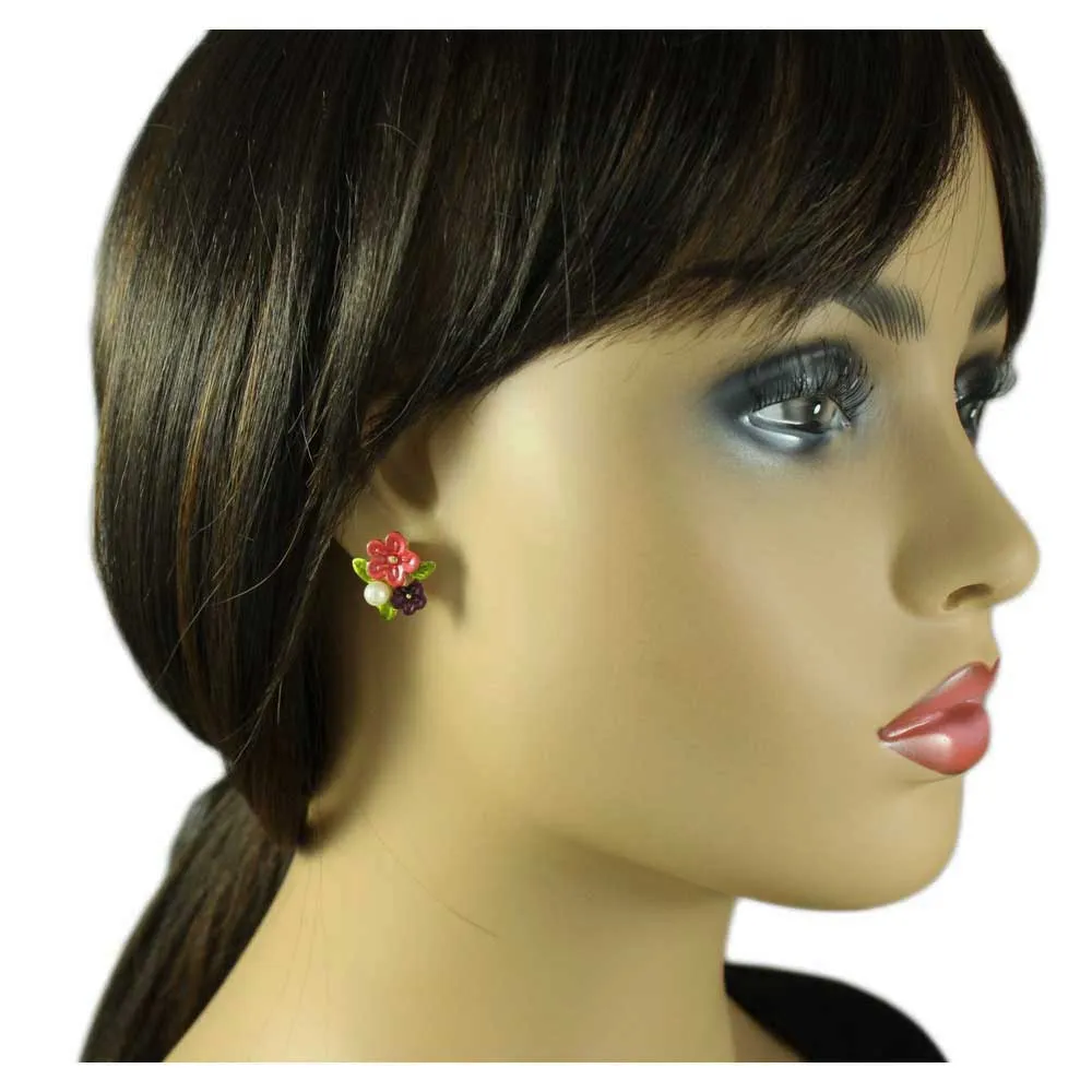 Red and Purple Enamel Flowers with Pearl Pierced Earring - PE106