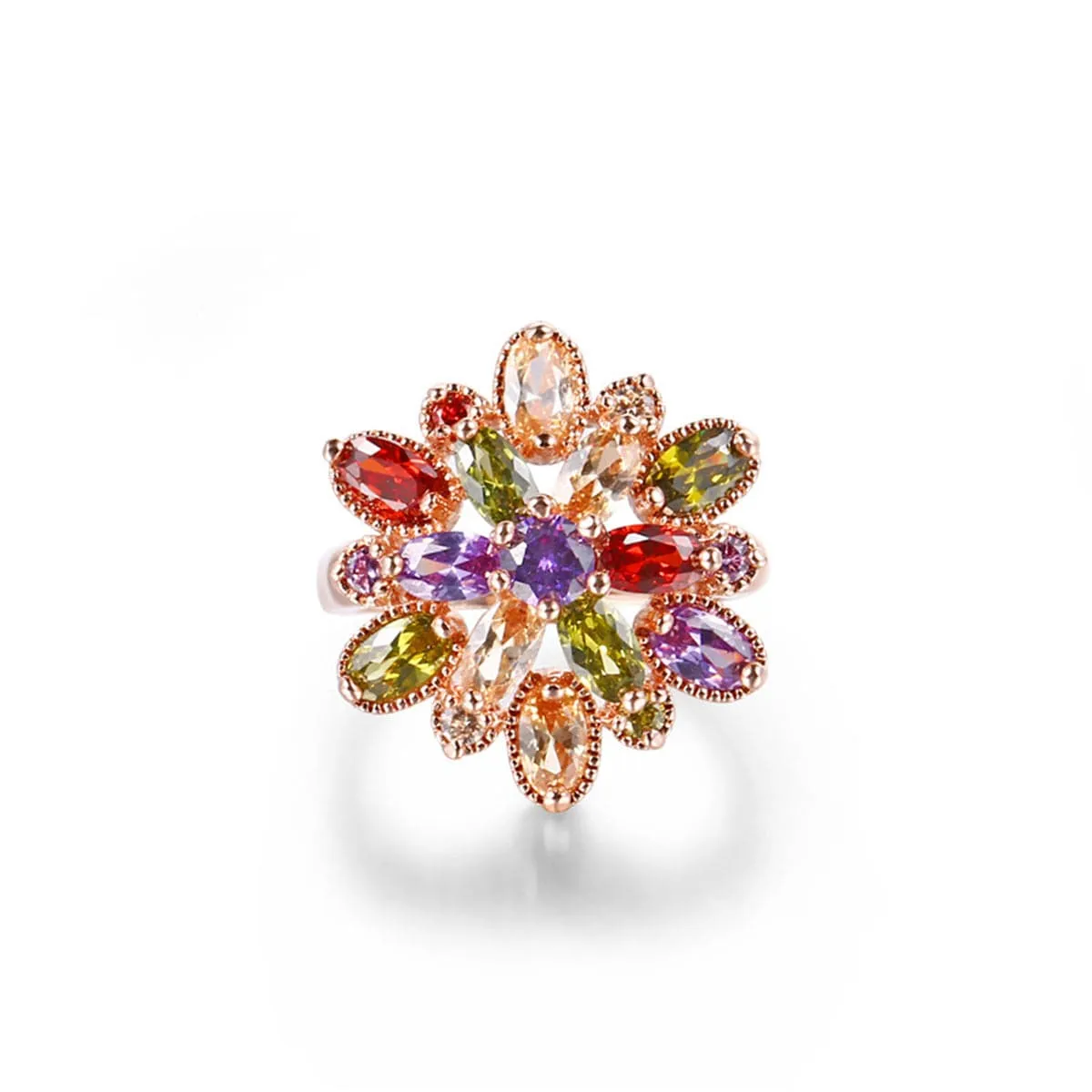 Red Crystal & 18K Rose Gold-Plated Flower Band Ring