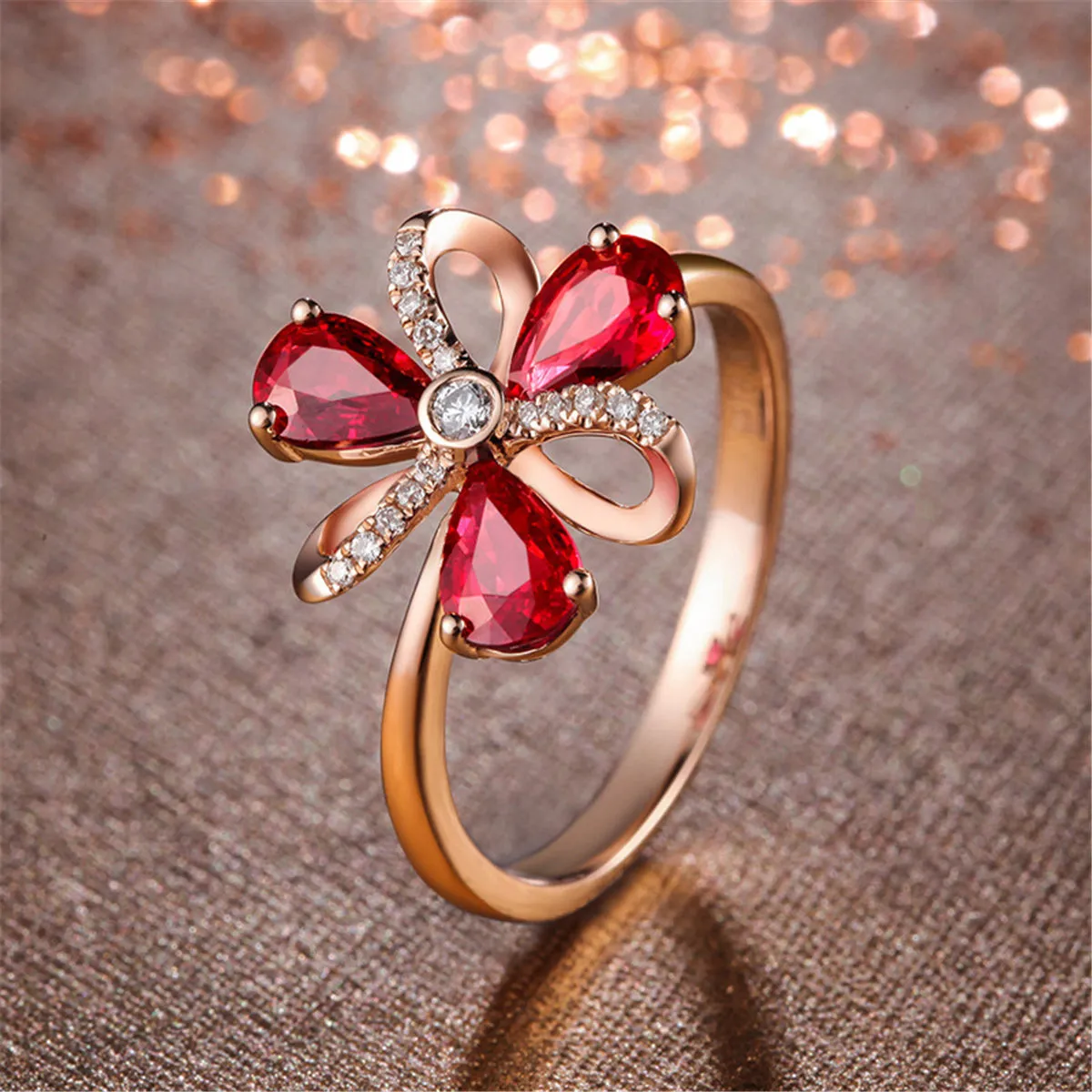 Red Crystal & Cubic Zirconia Floral Adjustable Ring