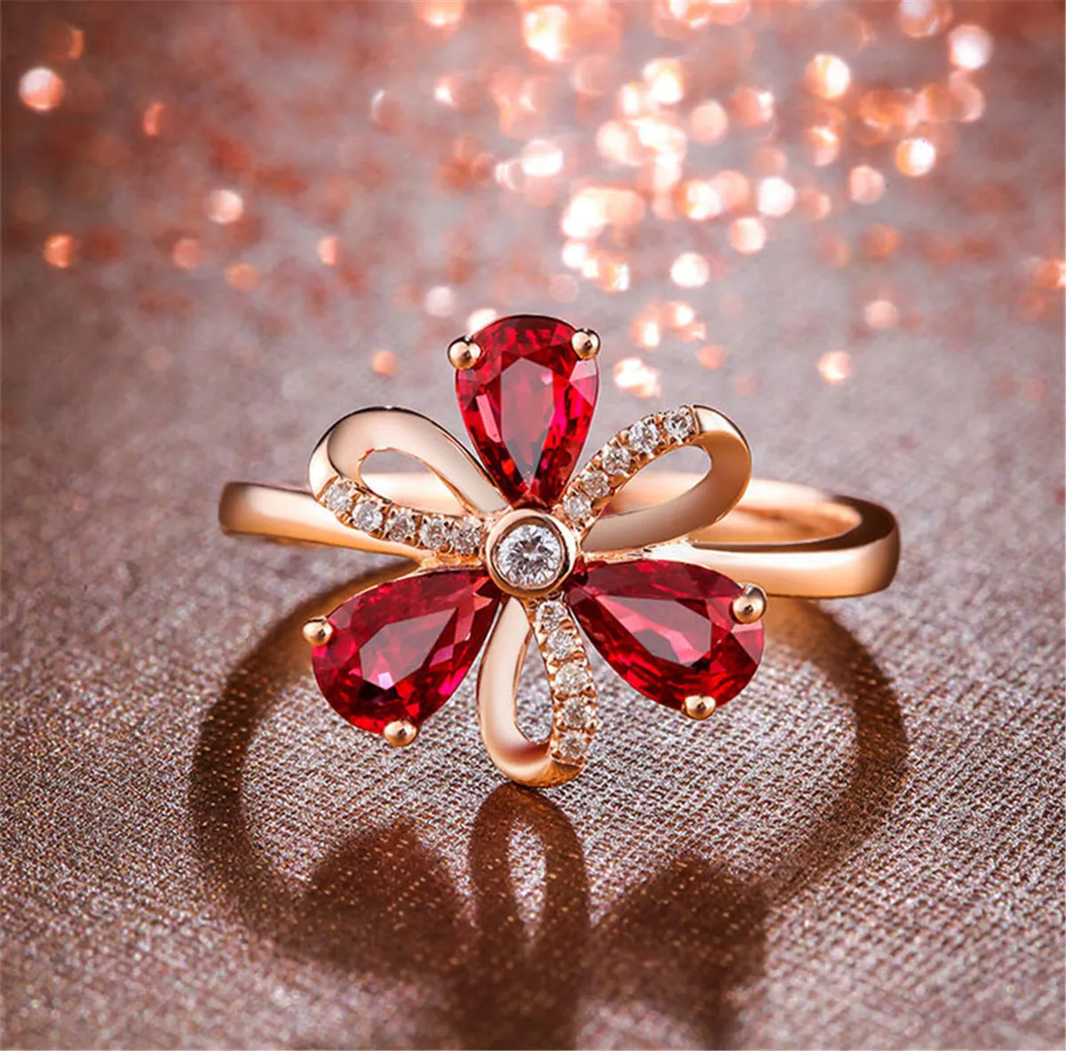 Red Crystal & Cubic Zirconia Floral Adjustable Ring