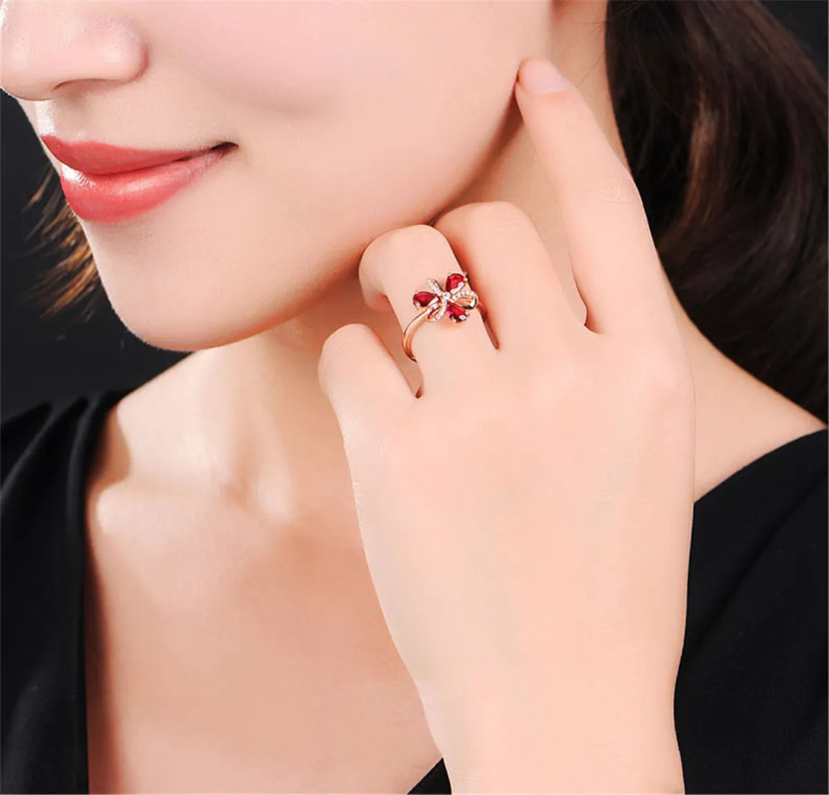 Red Crystal & Cubic Zirconia Floral Adjustable Ring